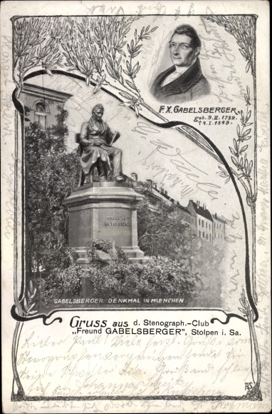 Passepartout ansichtkaart Stolpen in Saksen, uitvinder van de stenografie Franz Xaver Gabelsberger, monument