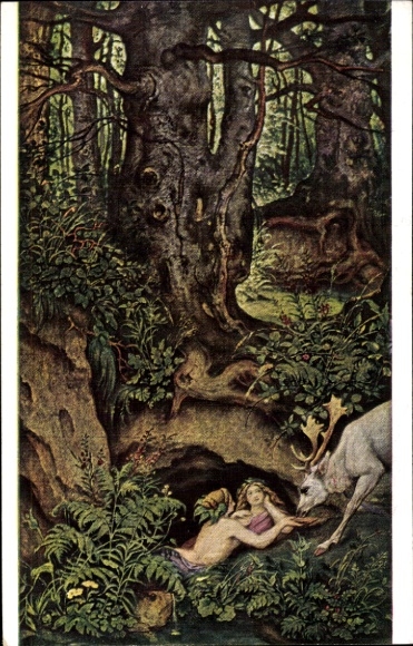 Artist PC Schwind, Moritz von, mermaids, deer watering, Ackermann series 213b no. 2173