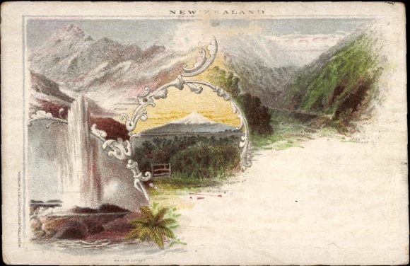 Chromo-Litho New Zealand, geyser, mountain landscape