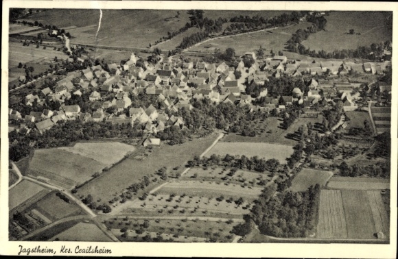 Postcard Jagstheim Crailsheim in Württemberg, aerial view of many residential buildings, green fields