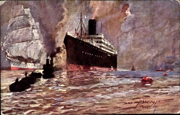Artist Postcard Heusser, Harry, steamer, Austrian Lloyd, sailing ship