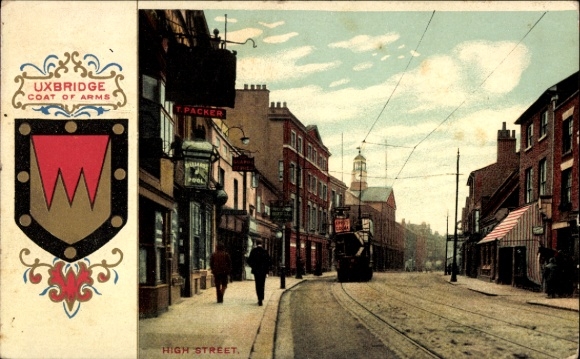 Postcard Uxbridge London England, coat of arms of elevated road, building, tram