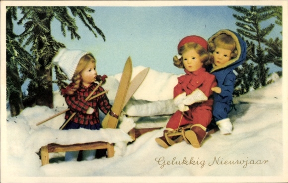 Postcard Happy New Year, Käthe Kruse dolls on sleigh