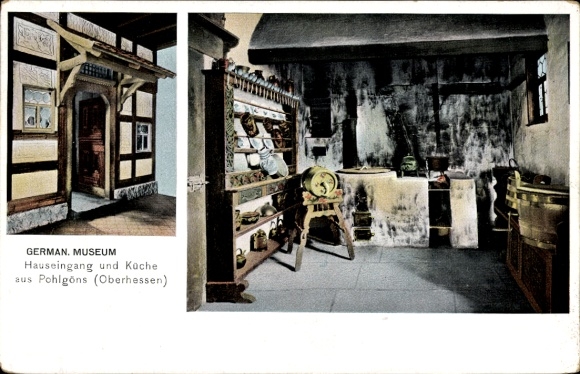 Postcard Pohl Göns Butzbach in the Taunus Hessen, museum, house entrance and kitchen