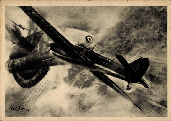 Ak Deutsche Kampfflugzeuge Messerschmitt Me 109 Jagdeinsitzer vernichten feindlichen Fesselballon