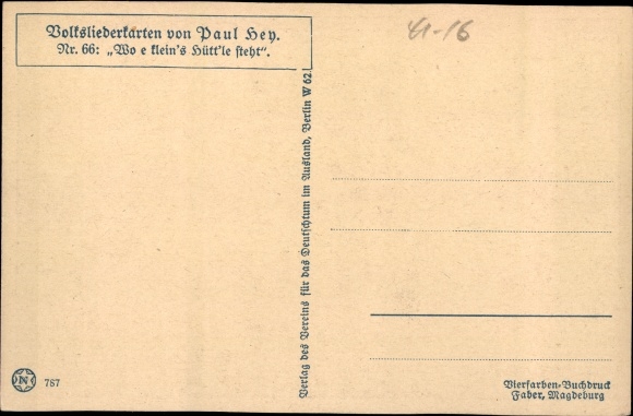 Artist song PC Hey, Paul, folk song card No. 66, where a small hut stands