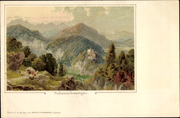Kunstenaar litho Hohenschwangau Schwangau, kasteel, berglandschap, rotsen