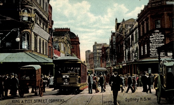Postcard Sydney Australia, King and Pitt Street Corners, tram