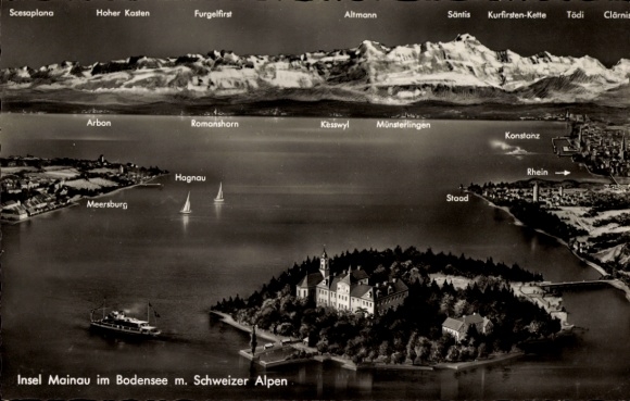 Ak Insel Mainau im Bodensee, Landschaft mit Schweizer Alpen, Postkarte aus der Luftansicht