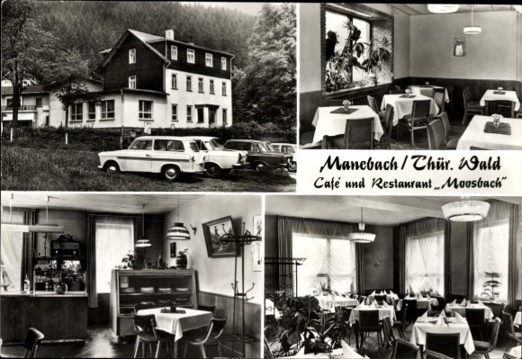 Postcard Manebach Ilmenau in Thuringia, Cafe and Restaurant Moosbach, exterior view, interiors