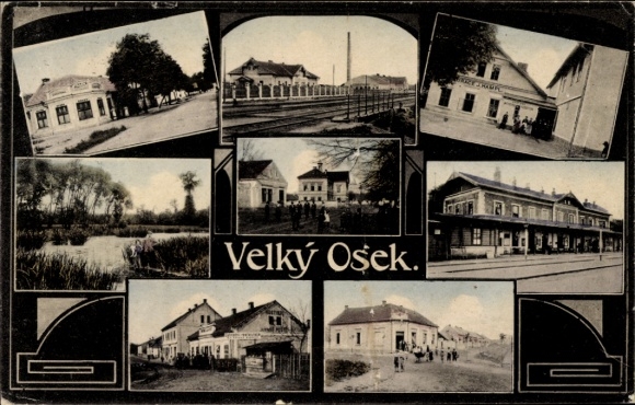 Postcard Velky Vosek Velký Osek Groß Wossek Wosek Central Bohemia, railway station, track view, street section
