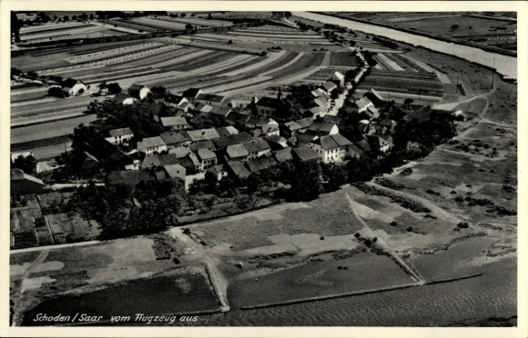 Postcard Schoden an der Saar, aerial photograph