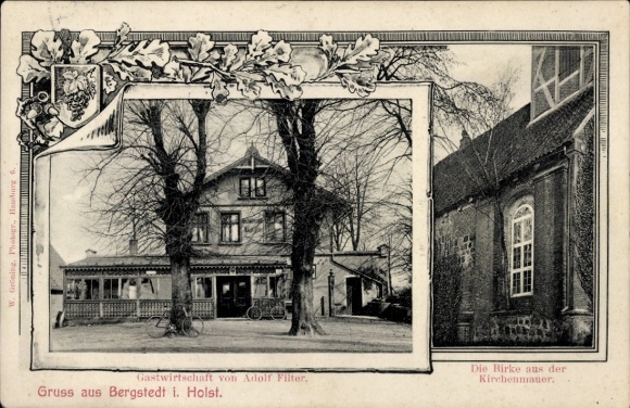 Postcard Hamburg Wandsbek Bergstedt, restaurant, birch from the church wall