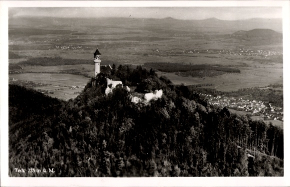 Postcard Weilheim an der Teck Swabian Alb, aerial view of the ruins, forest, mountains, observation tower