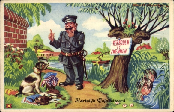 Artist Postcard Congratulations, Swimming Ban, Policeman