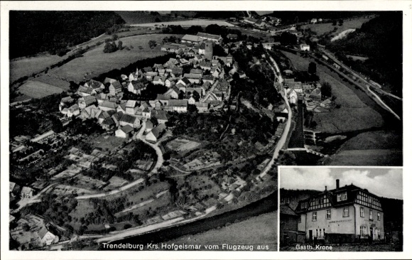 Postcard Trendelburg in Hesse, aerial photograph, Gasthaus Krone