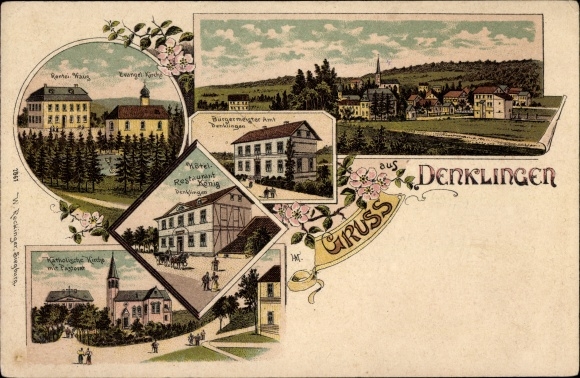 Chromo-Litho Denklingen Reichshof Oberbergischer Kreis, church, Hotel König, mayor&#39;s office