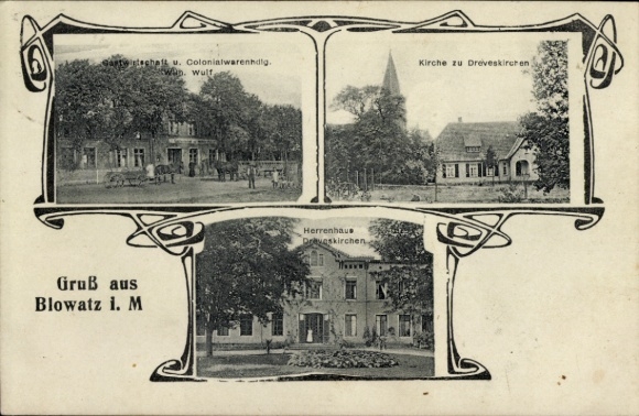 Passepartout Postcard Blowatz in Mecklenburg, Inn and Shop Wilh. Wulf, Manor House Dreveskirchen