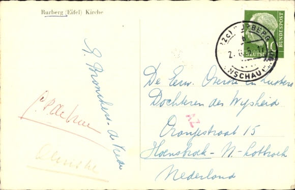 Postcard Rurberg Simmerath Eifel, view of the church and surroundings, panorama, woman with stroller