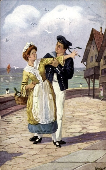 Künstler Ak Mailick, Deutscher Matrose mit seiner Geliebten, Möwen, Meer