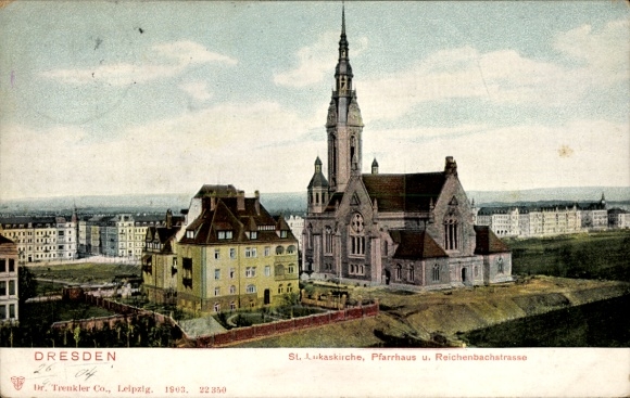 Postcard Dresden Plauen, St. Luke's Church, Rectory, Reichenbachstraße