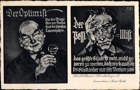 Ak Schwalenberg Nordrhein Westfalen, Optimist und Pessimist, Künstlerklause, Innenmalerei F. Eiche