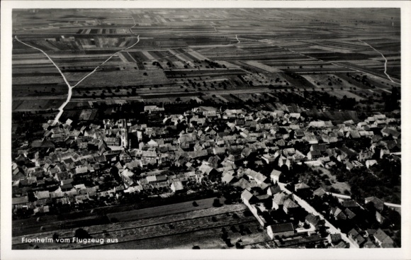 Postcard Flonheim in Rheinhessen, aerial view of houses, fields, landscape