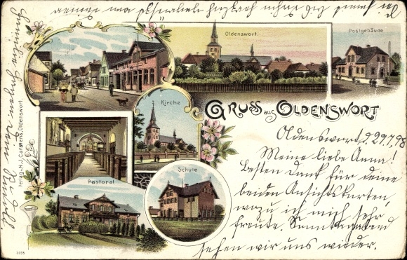 litho Oldenswort in Noord-Friesland, kerk, postkantoor, pastoraat, school, straatgebied