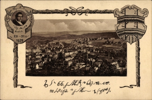 Ak Brünlasberg Aue im Erzgebirge Sachsen, Stadtansicht, Portrait, Wappen, Jahr 1926, Text in vers