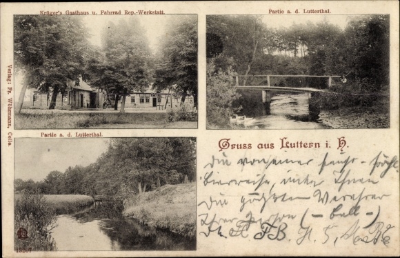 Postcard Luttern Eldingen in Lower Saxony, Krüger&#39;s inn, bicycle repair workshop, Lutterthal