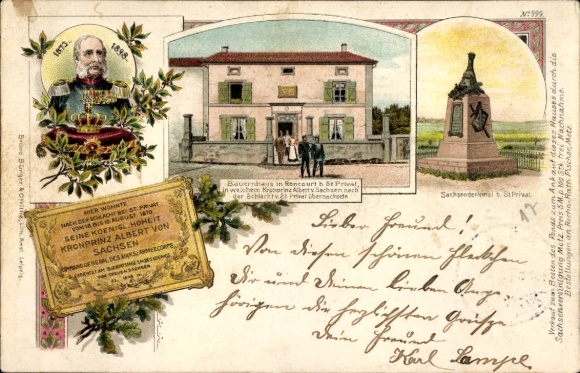 Chromo-Litho King Albert of Saxony, Saxon monument at St. Privat, farmhouse in Roncourt