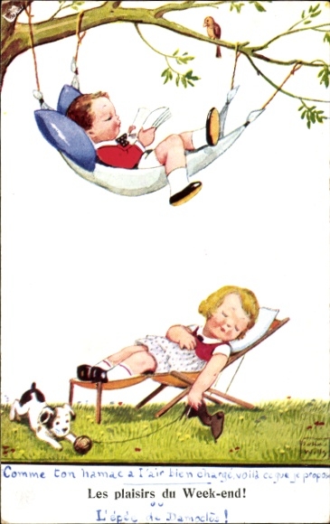Artist Postcard Wills, John, Texel, holiday life, boy in hammock, girl in deckchair, dog