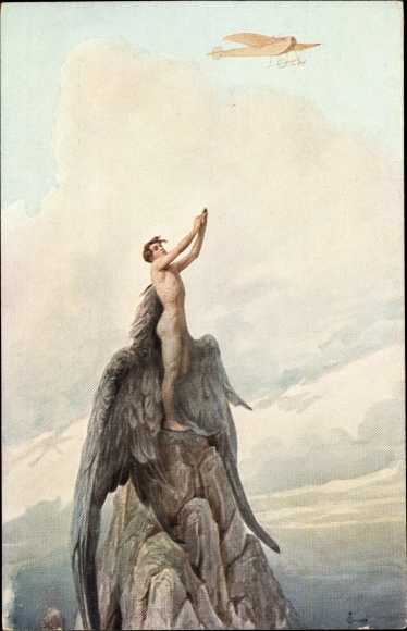Artist Postcard Solomko, S., Dream of Icarus, airplane, man with wings