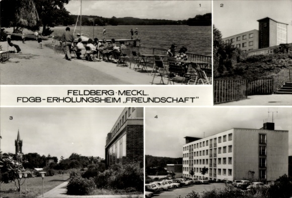 Ak Feldberg in Mecklenburg, uitzicht op het meer, recreatiecentrum "Freundschaft", verschillende gebouwen, natuur