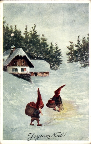Artist Postcard Merry Christmas, dwarves, snowy village