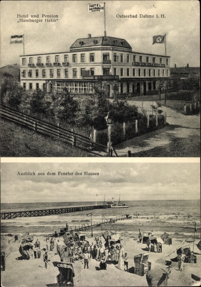 Postcard Baltic resort Dahme in Holstein, Hotel and Pension Hamburger Heim, beach party