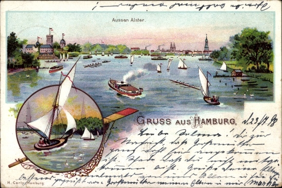 Chromo-Litho Hamburg North Uhlenhorst, Outer Alster, sailing boats