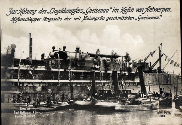 Postcard Antwerp Anvers Flanders, NDL steamer Gneisenau, lifting, tug