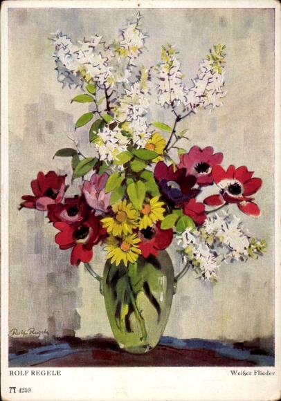 Artist Postcard Regele, R., White Lilacs, Bouquet