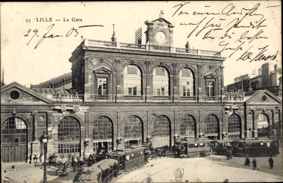 Postcard Lille Nord, train station, trams