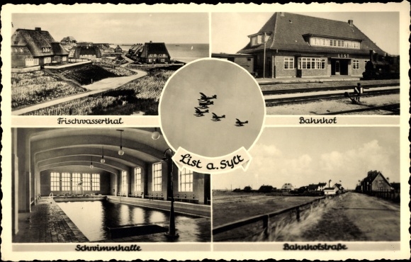 Ak Ak List op Sylt, treinstation, Fischwassertal, zwembad, Bahnhofstrasse