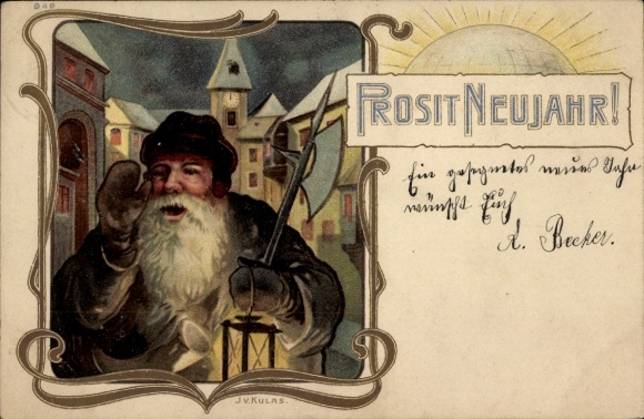 Künstler Litho Kulas, J., Glückwunsch Neujahr, Nachtwächter, Laterne