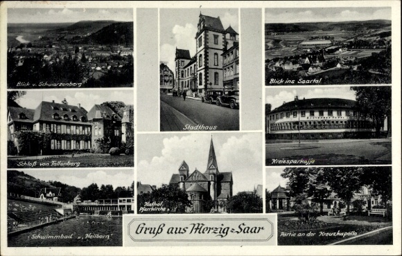 Ansichtkaart Merzig an der Saar, herenhuis, districtsspaarbank, kasteel Fellenberg, zwembad Heilborn