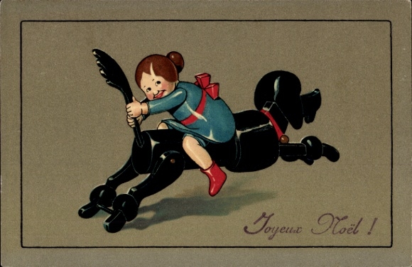 Chromo-Litho Merry Christmas, doll riding on a toy dog