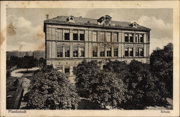 Postcard Plankstadt in the Rhein-Neckar district of Baden-Württemberg, view of the community school, facade
