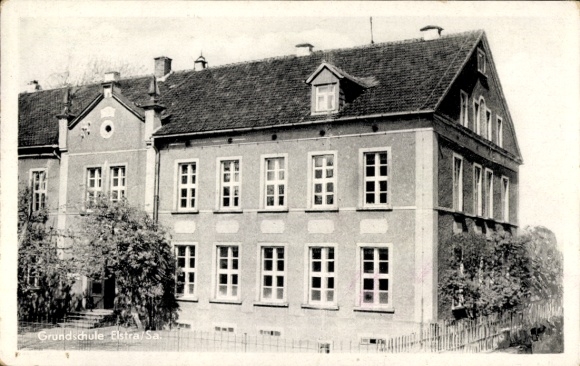 Postcard Elstra in Upper Lusatia Saxony, elementary school black and white photo, typical German architecture