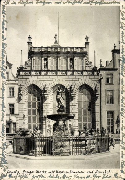 Postcard Gdańsk Danzig, Long Market, Neptune Fountain, Artus Court
