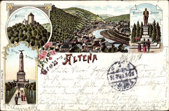Chromo-Litho Altena in Westphalia, castle, warrior monument, Bismarck monument, panorama