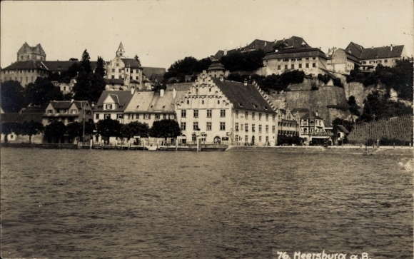 Postcard Meersburg on Lake Constance, historical city view, lake promenade, old architecture