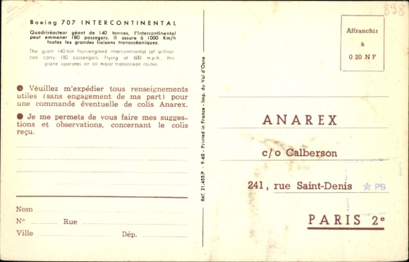 Postcard French passenger aircraft of Air France, Boeing 707 Intercontinental, F-BHSB